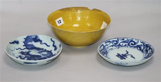 A Chinese yellow ground bowl (a.f.)and two blue and white dishes 19cm. & 16cm.
